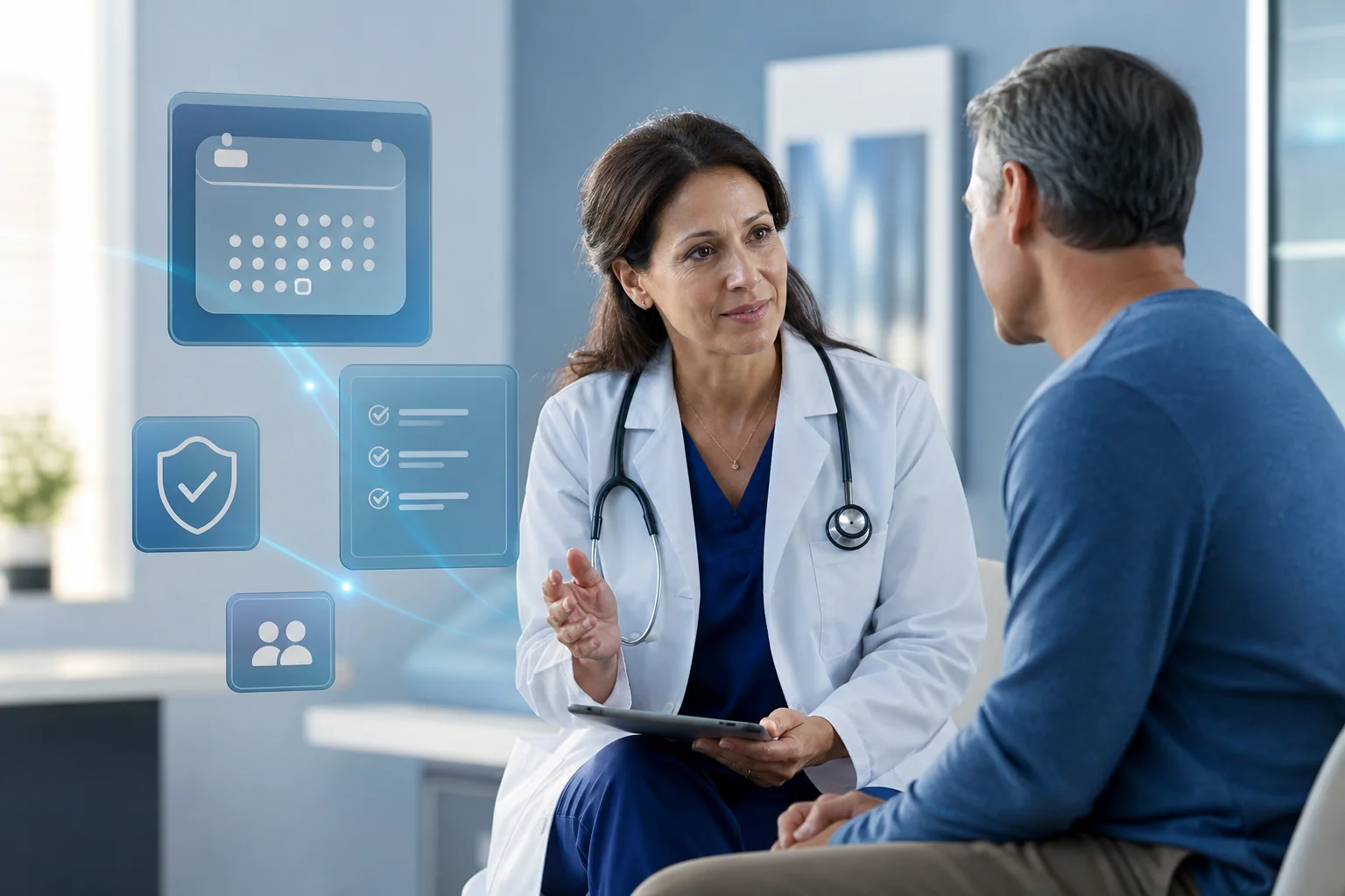 Primary care physician consulting with a patient in a modern practice setting